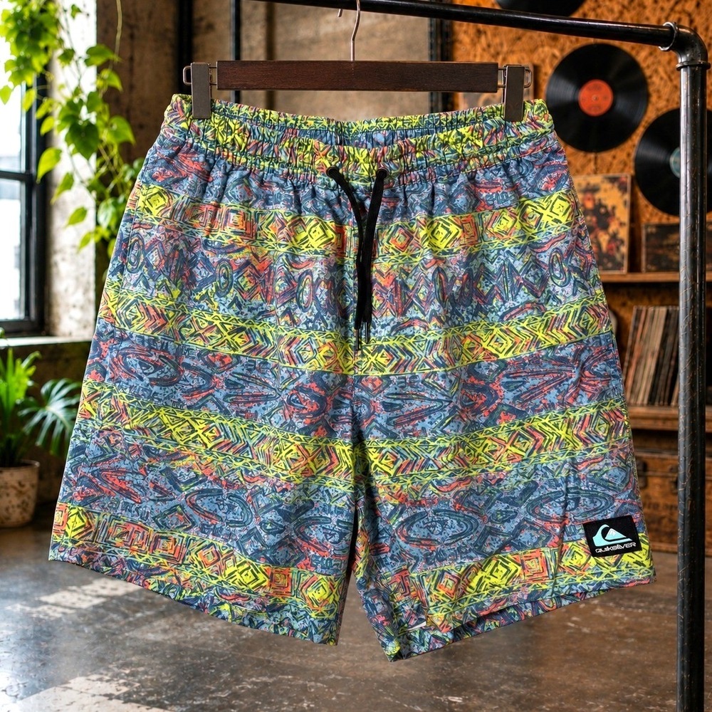 Quiksilver Tribal Geometric Print Board Shorts Mens Blue Yellow Patterned Trunks